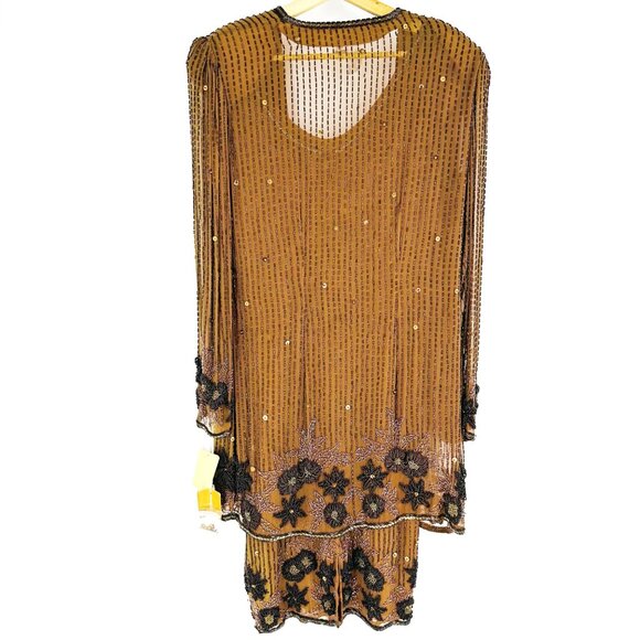 Vintage Nadine Boutique Brown Hand Beaded Sequined Silk Dress & Cardigan Set S - Picture 2 of 12